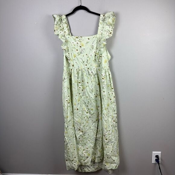 H&M Wildflower Meadow open back Poplin Light Green Floral midi Dress - Picture 4 of 12